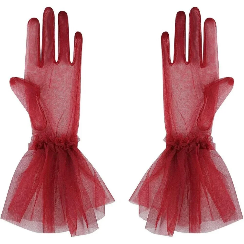 Women's Puffy Ruffle Burgundy Tulle Sheer Mesh Party Prom One Size Short Gloves